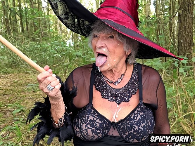 facial, grandma witch, covered in cum dripping on face, true color