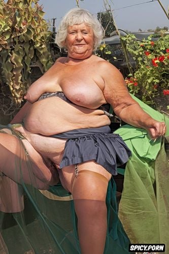 the fat grandmother has nude pussy under her skirt