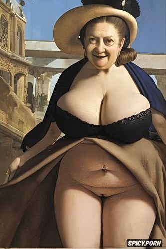 black clothes, victorian style, an evil grin, venous tits, the very old fat grandmother has nude pussy under her skirt