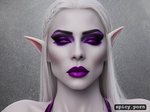 perfect slim albino female elf, 23 yo, small boobs, purple eyes