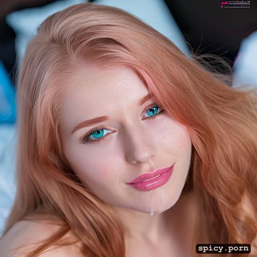 small tiny perky boobs, colored image, strawberry blonde long hair