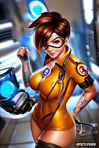 tracer overwatch beautiful face young full body shot, tattoos small perky tits naughty nurse costume masterpiece