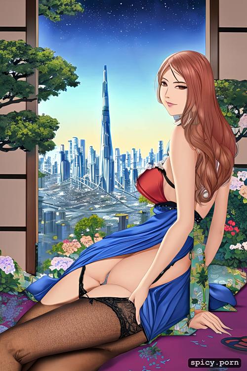 finely painted pubic hair laying, ass towards viewer looking over shoulder wearing a short dress with floral pattern on a big tree on a hill