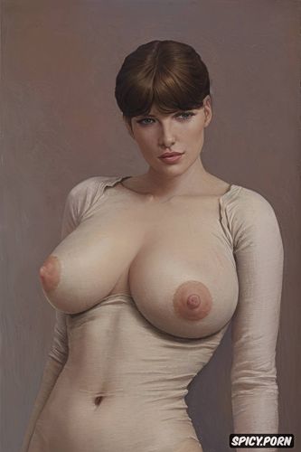 white body suit, pink nipples, voluptuous body, portrait painting