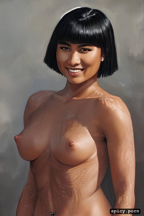 maori teen 18yo, nude, intricate half portrait, full smiling lips
