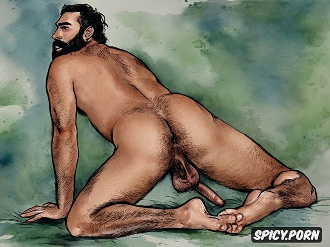 full shot, barefoot, artistic nude sketch of bearded hairy men having gay anal sex
