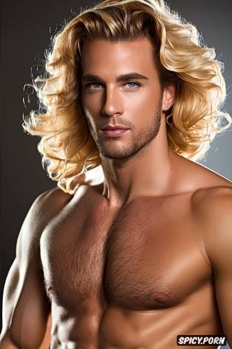 american male, blonde hair, massive chest, seductive, curly hair
