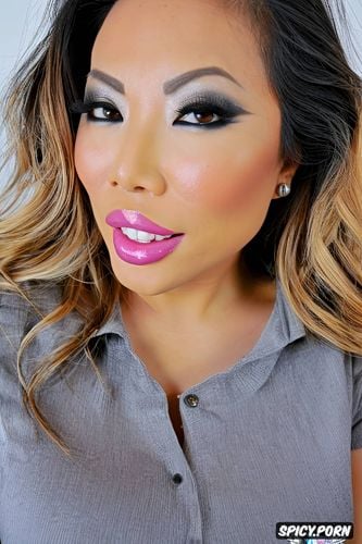 slut makeup, asian milf, face closeup, glossy lips, eye contact