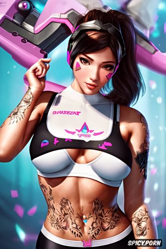 d va overwatch beautiful face young full body shot, tattoos small perky tits tight white sports bra and black leggings masterpiece