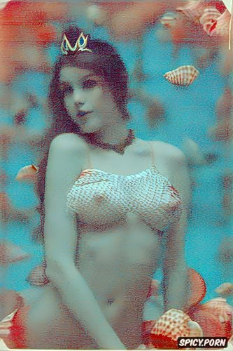 tiara, medium nude breasts1 3, slim waist, mermaid tailfin, 1girl