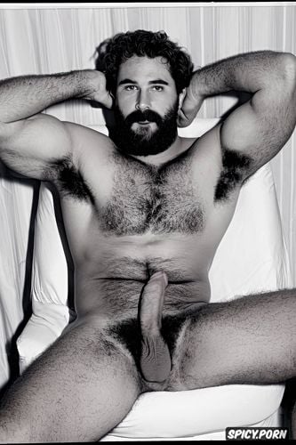 solo masculine hairy guy with a big dick showing full body and perfect face beard showing hairy armpits indoors beefy body brown hair