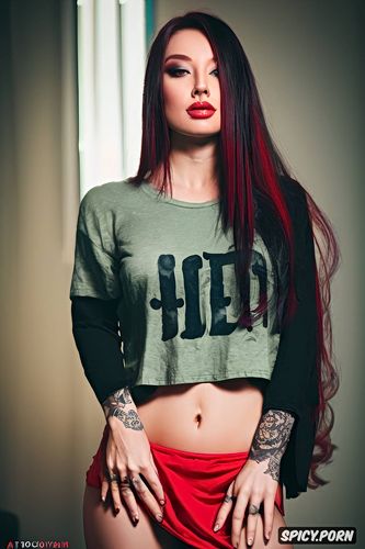 long t shirt dress, red long colored hair with dark roots, fullbody view