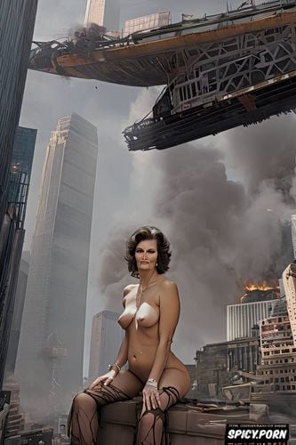smoke, shock, torn clothing, fat thighs, nude woman, world trade center panic
