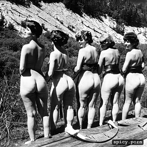 punishment, multiple women, paddled, lineup, skirts up, bent over