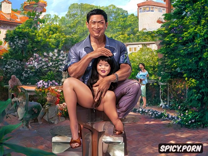 embossed expressive characters high definition colors sly uncle with hand between wide open thin legs of his delighted little niece pistons her fast inside in the gaped pussy to makes her to squirt again in her school vacation in the garden