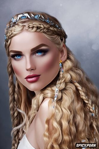 masterpiece, fantasy viking princess beautiful face pale skin long soft dirty blonde hair in a braid diadem full body shot