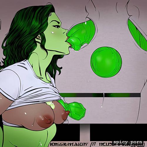8k, wearing wet and torn white t shirt, visible nipples, green tatiana maslany in courtroom as she hulk saggy breasts