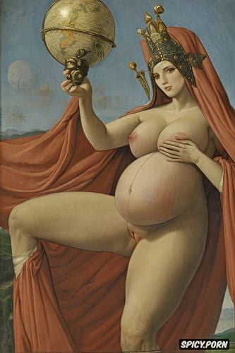 pregnant, spreading legs shows pussy, medieval, holding a globe in one hand