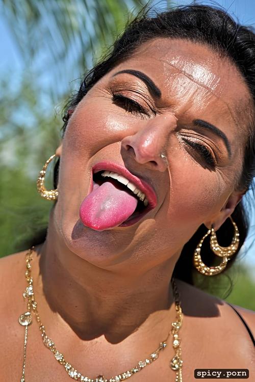 in a high resolution 4k image many colors an 50 year old berber woman staring straight into camera in a face portrait with wrinkled skin sticking her long tongue out in the camera tongue ring long tongue pink tongue tongue out cum on tongue cum all over face pov