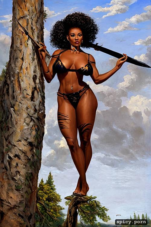 black women, 40, bimbo, standing on tree, nativ, spear, junge