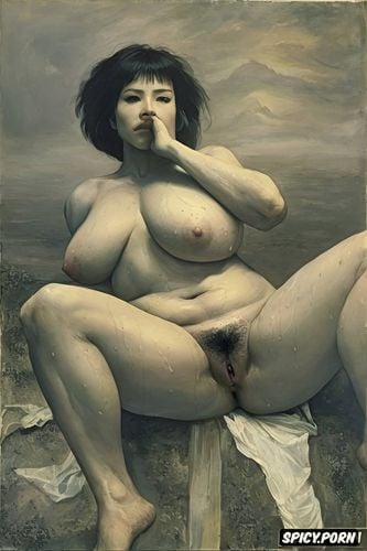 natural small breasts, elderly japanese, french realism masterpiece painting