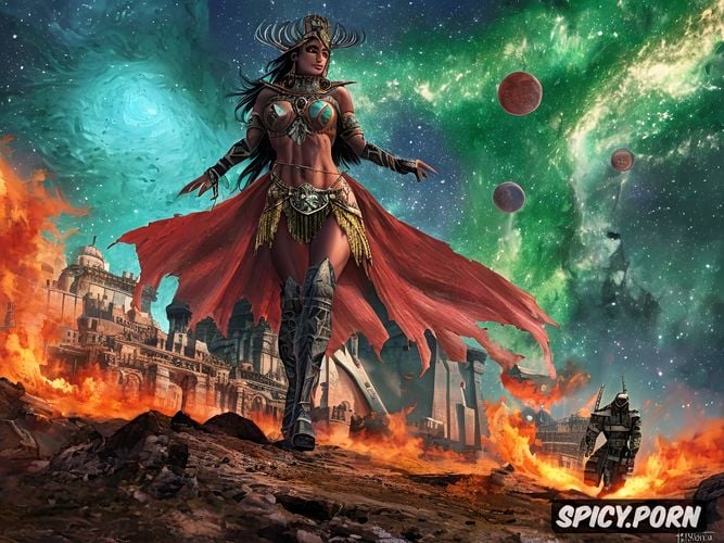 strong warrior princess, intricate, outer space, booty, armageddon vibrant