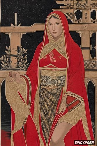 cranach, portrait olivia munn, van dyck, shunga, wearing red tunic