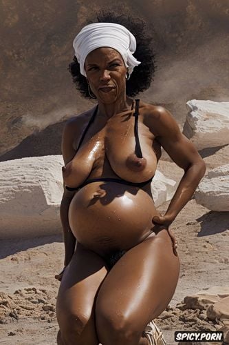 crackhead granny, squatting in a desert with legs apart, dark brown areolas