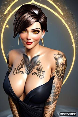 ultra detailed, ultra realistic, high resolution, tracer overwatch beautiful face milf tattoos small perky tits flowing low cut black evening gown golden diadem masterpiece