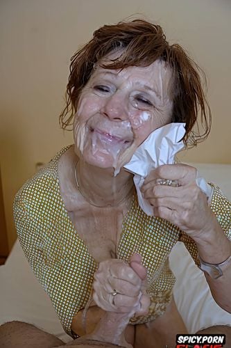 very old wrinkled bimbo granny, wiping the cum off her face with tissue paper