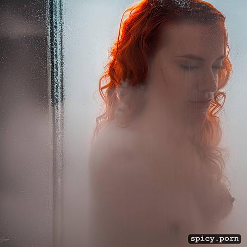visible nipples, a redheaded nude woman showering behind a pane of glass