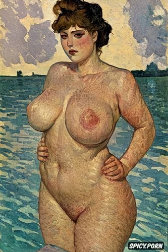 blushing woman with red lips and flushed cheeks in shady bathroom bathing intimate tender modern post impressionist fauves erotic art