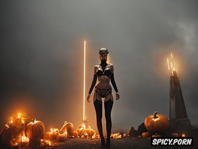 pumpkin head mask, orange stockings, photo realistic, foggy