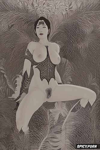 drawing, hairy vagina, impressionism painting, sepia, japanese nude