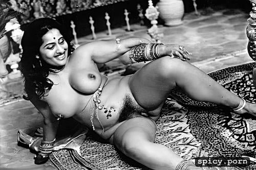 full front view, stiff long nipples, very hairy pussy, wearing bindi