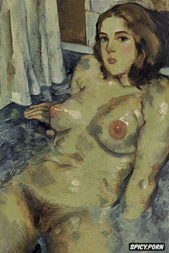 fog, cézanne oil painting, women in humid bathroom with fingertip nipple touching breasts tiled bathing