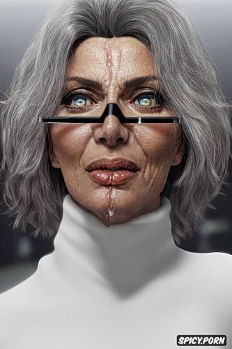 wild hair half gray, wrinkles, sharp details, hexagonal glasses