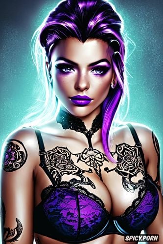 tattoos masterpiece, ultra detailed, sombra overwatch beautiful face young sexy low cut purple lace lingerie
