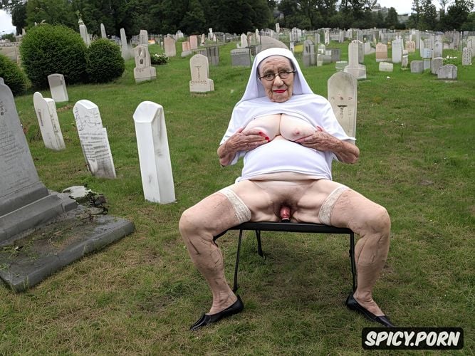 zombie, pale, very old granny, vaginal gape, outdoors, spreading very hairy pussy