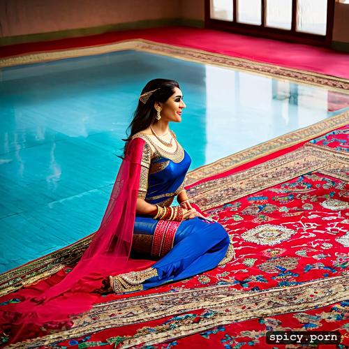 seductive, smile, blue saree, kneeling, red floor, strong abs