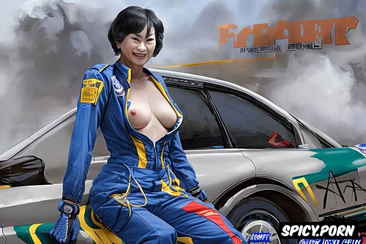 nude elderly korean race car driver, race car driver, low hanging breasts