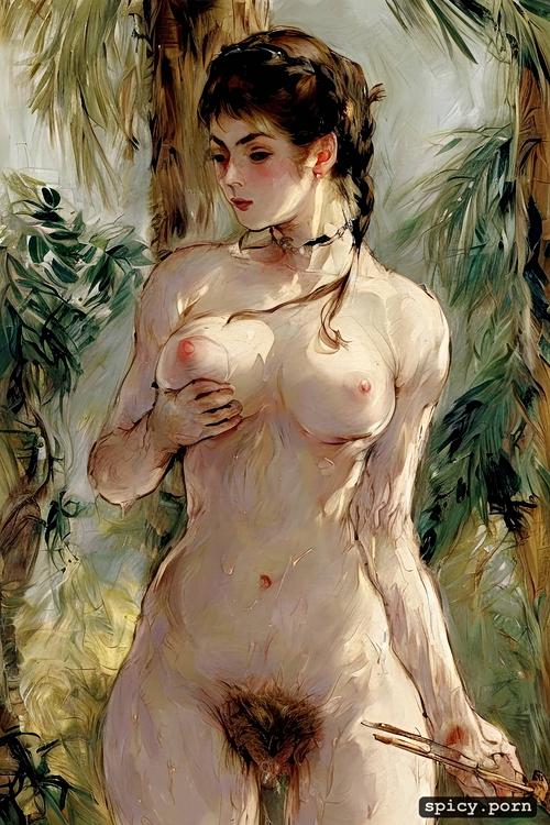 blushing, small boobs, hair braid, oil painting, art by vasily surikov
