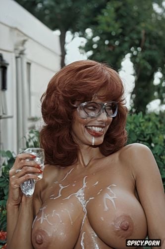 sofia loren, smiling, sperm on giant veiny tits, sperm on big hexagonal glasses