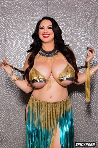 massive saggy melons, full view, beautiful smiling face, gorgeous bellydancer