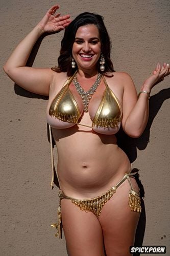 gold and silver jewelry, flat stomach, colored beads and pearls