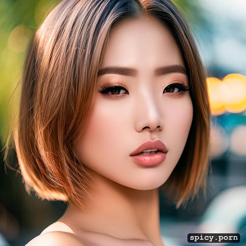 19 years old, street, sharp focus, centered, piercing, korean lady