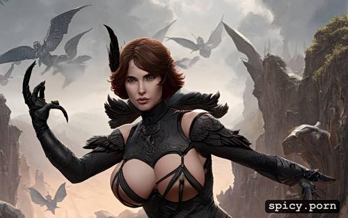 no body hair, short brown hair, black feathered wings, ultra detailed