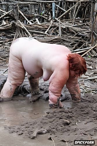 in filthy slum, naked obese bbw granny, short red hair, massive belly