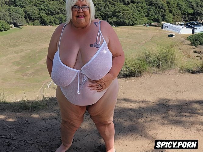 nude tits, full frontal view, large legs, two fat grannys on the beach