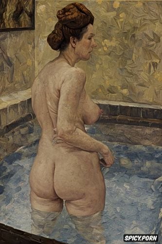 elderly woman, rembrandt oil painting, taking a bath, fauvism oil painting